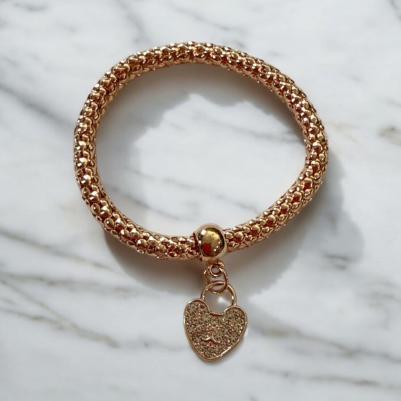 Designer Inspired Mesh Stretch Bracelet Set w/ Crystal Heart Charm Tri-Color Set - Picture 4 of 6